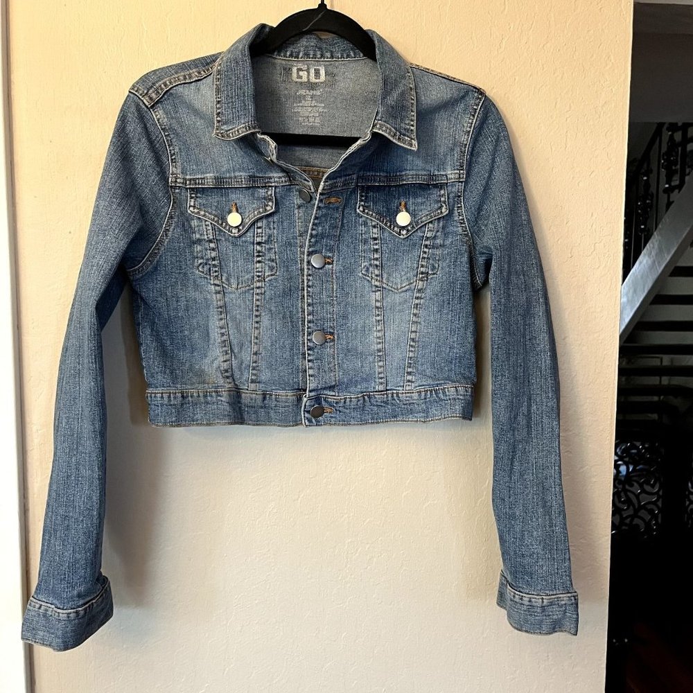 Go Jeans Sz XL Vintage Navy Denim Jean Jacket Cropped Wash Pockets